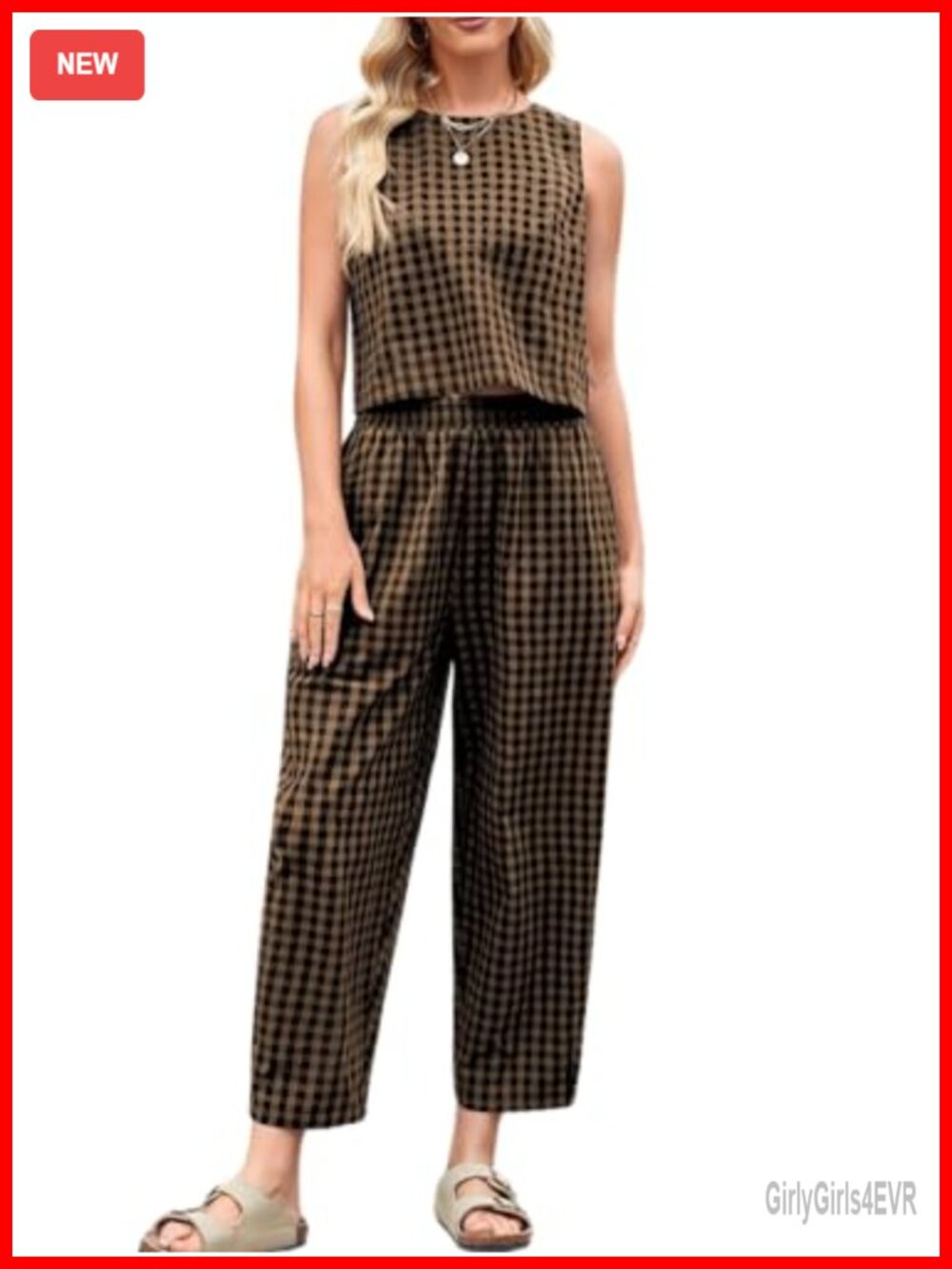 Womens Cotton Gingham 2 Piece Outfit Tank Top & Wide Leg Pants Set